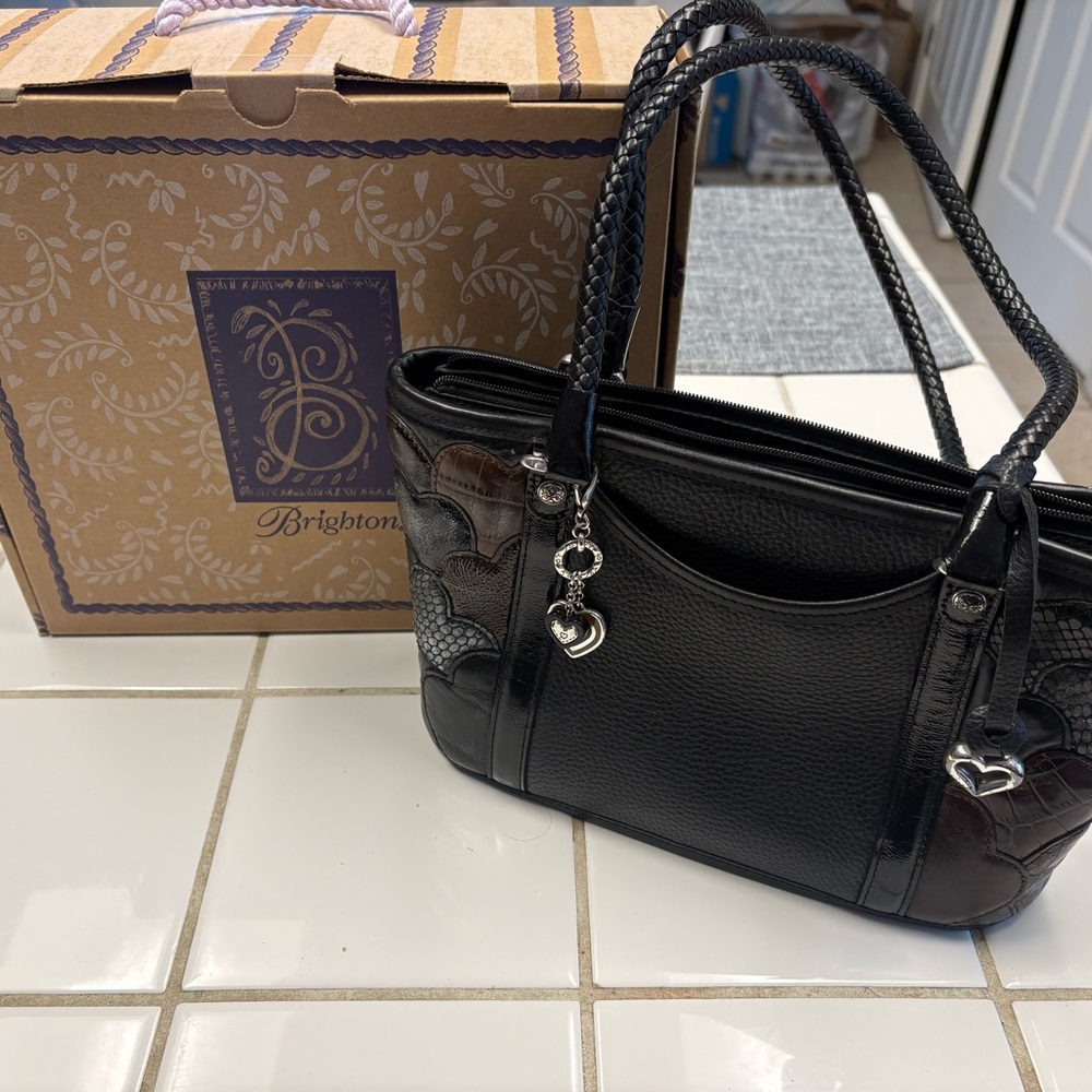 Brighton Black Leather Shoulder Bag with Heart Charms